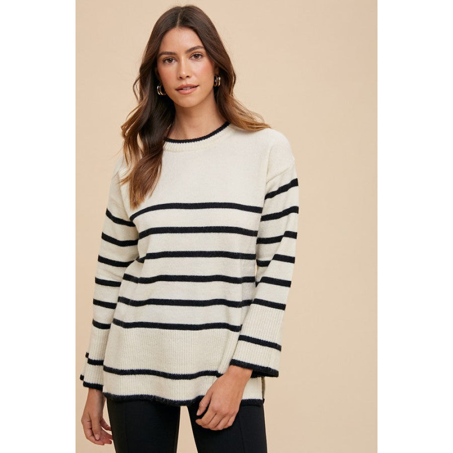 Annie Wear Side Slit Striped Round Neck Sweater Apparel and Accessories