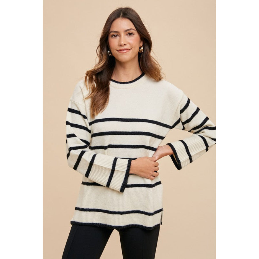 Annie Wear Side Slit Striped Round Neck Sweater Apparel and Accessories