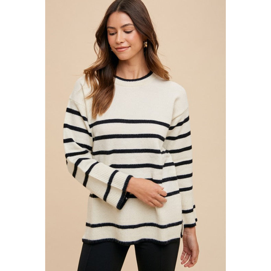 Annie Wear Side Slit Striped Round Neck Sweater Ivory / S Apparel and Accessories