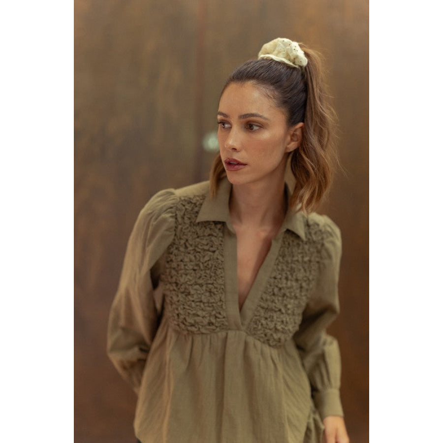 Annie Wear Smocked Front Long Sleeve Babydoll Blouse Olive / S Apparel and Accessories