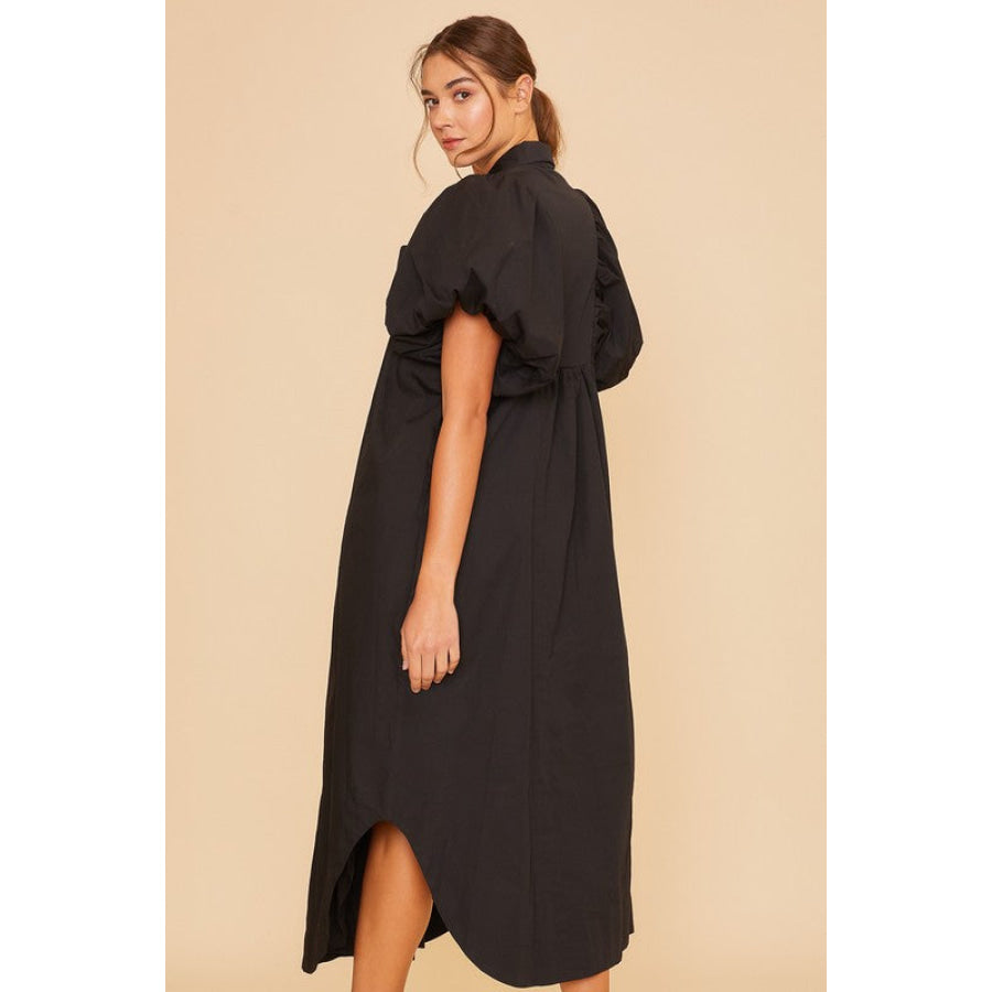 Annie Wear Smocked Puff Sleeve Midi Dress Black / S Apparel and Accessories