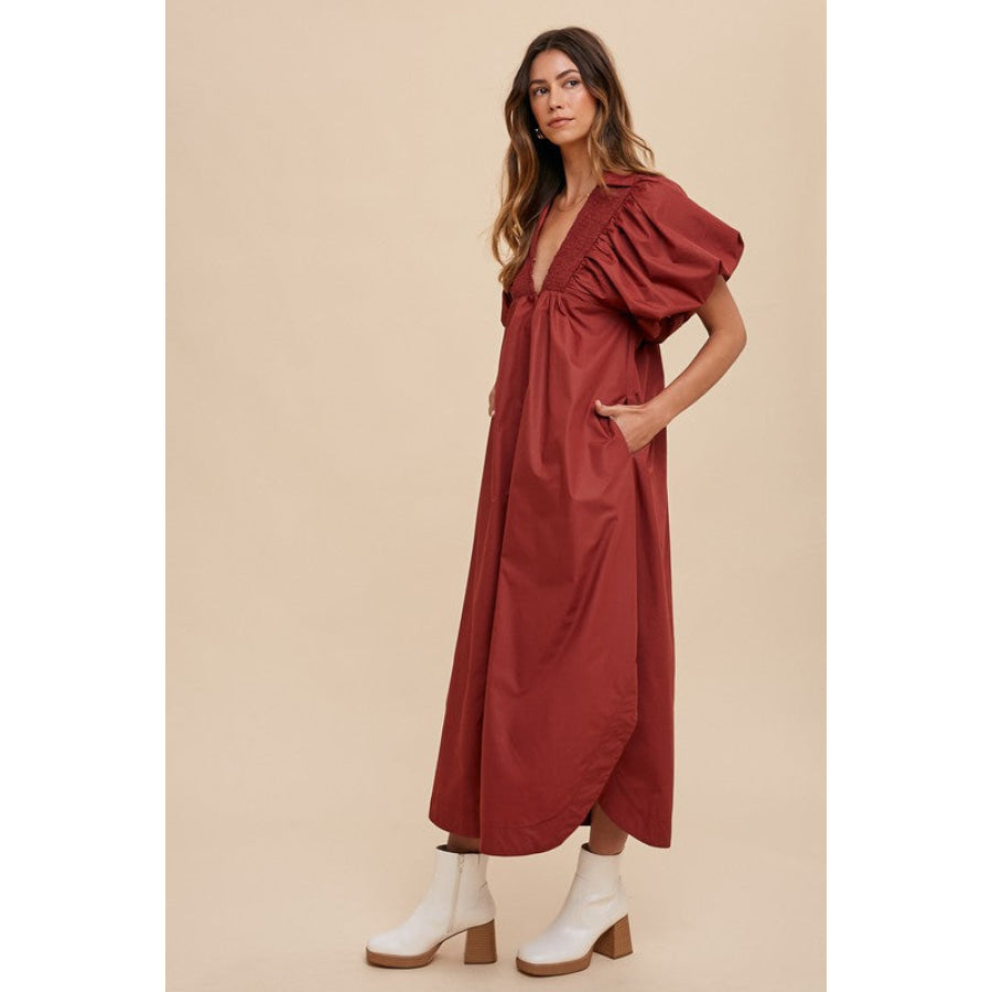 Annie Wear Smocked Puff Sleeve Midi Dress Apparel and Accessories