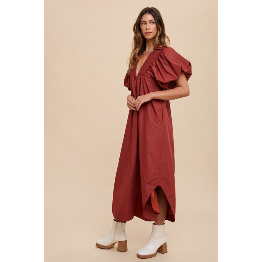 Annie Wear Smocked Puff Sleeve Midi Dress Apparel and Accessories