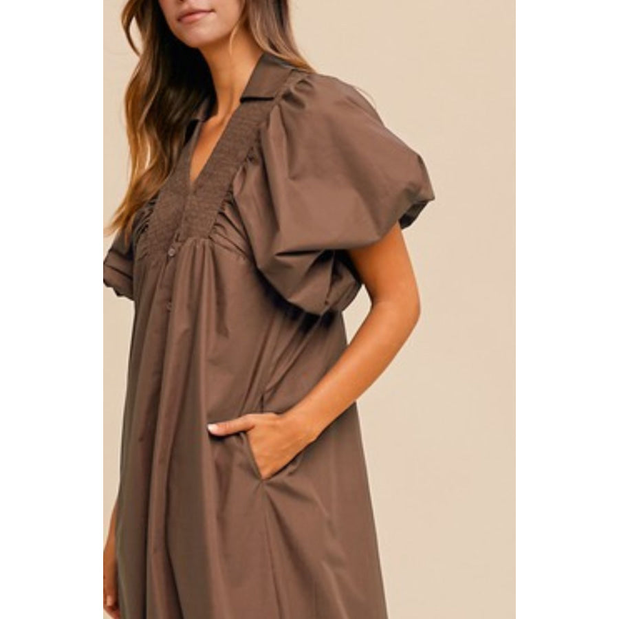 Annie Wear Smocked Puff Sleeve Midi Dress Coffee Brown / S Apparel and Accessories