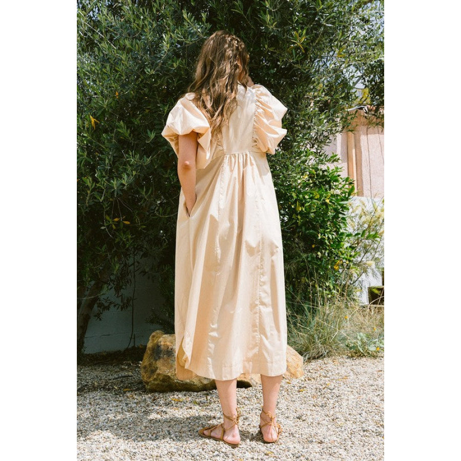 Annie Wear Smocked Puff Sleeve Midi Dress Tan / S Apparel and Accessories