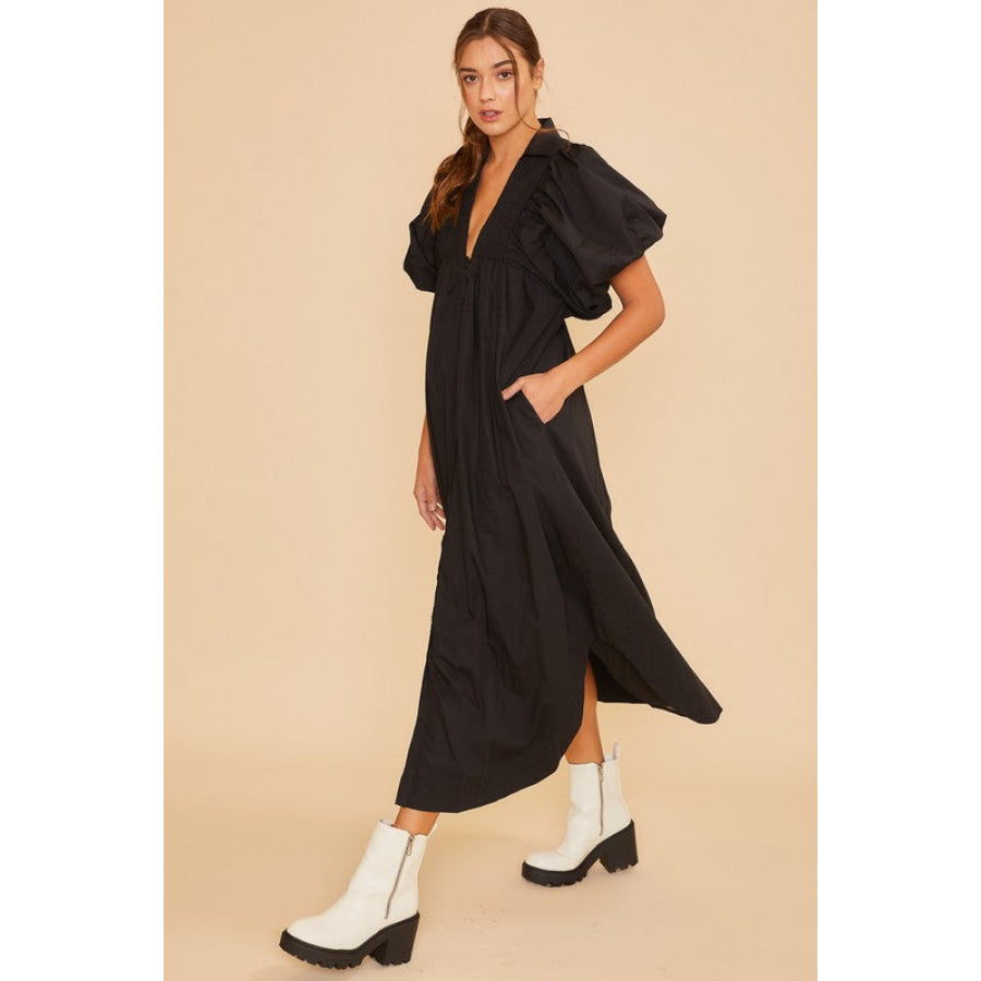 Annie Wear Smocked Puff Sleeve Midi Dress Black / S Apparel and Accessories