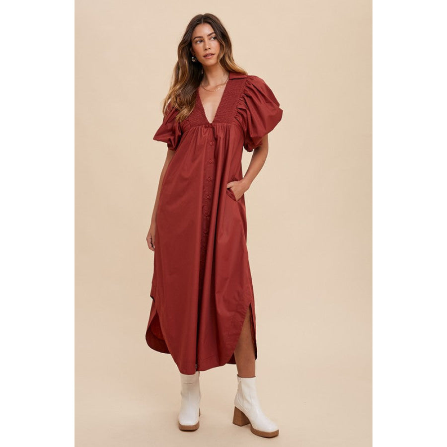 Annie Wear Smocked Puff Sleeve Midi Dress Burgundy / S Apparel and Accessories