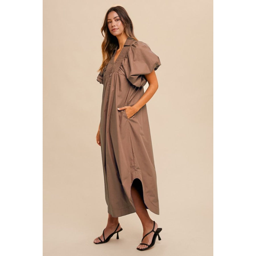 Annie Wear Smocked Puff Sleeve Midi Dress Coffee Brown / S Apparel and Accessories