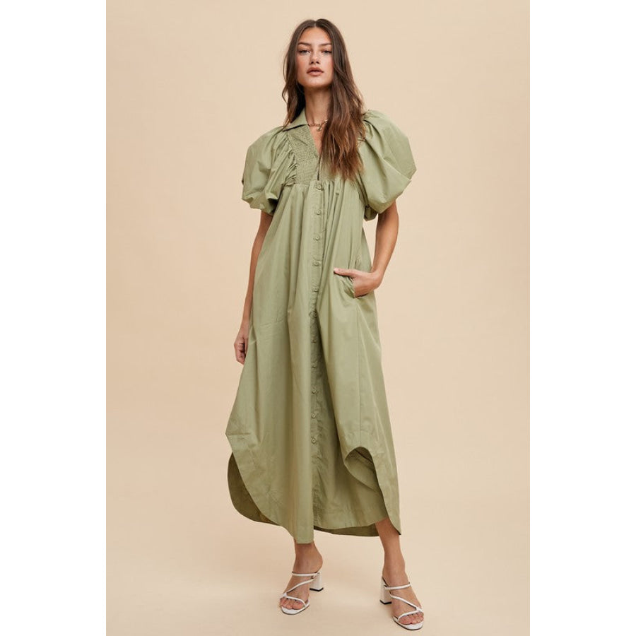 Annie Wear Smocked Puff Sleeve Midi Dress Desert Sage / S Apparel and Accessories