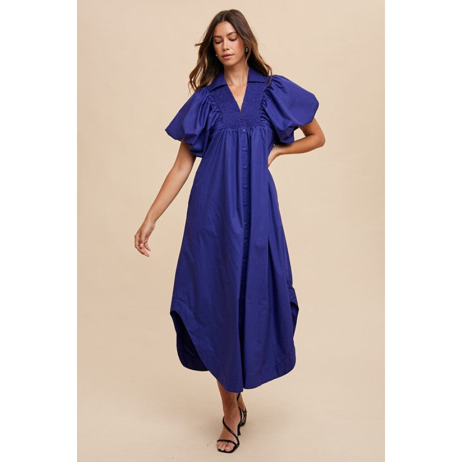 Annie Wear Smocked Puff Sleeve Midi Dress Navy / S Apparel and Accessories