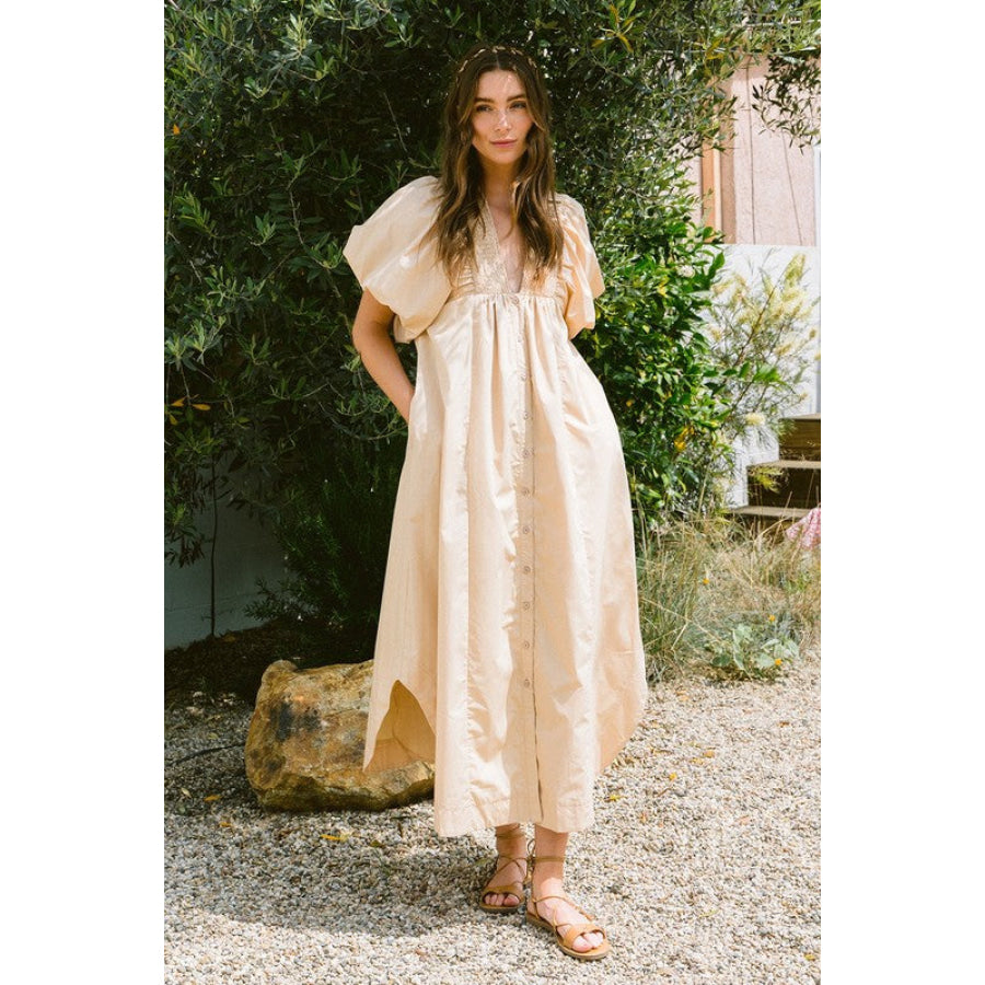 Annie Wear Smocked Puff Sleeve Midi Dress Tan / S Apparel and Accessories