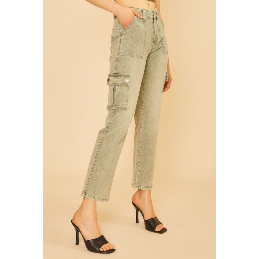 Annie Wear Straight Leg Jeans with Cargo Pockets Sage / S Apparel and Accessories