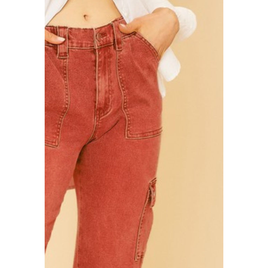 Annie Wear Straight Leg Jeans with Cargo Pockets Orange-Red / S Apparel and Accessories