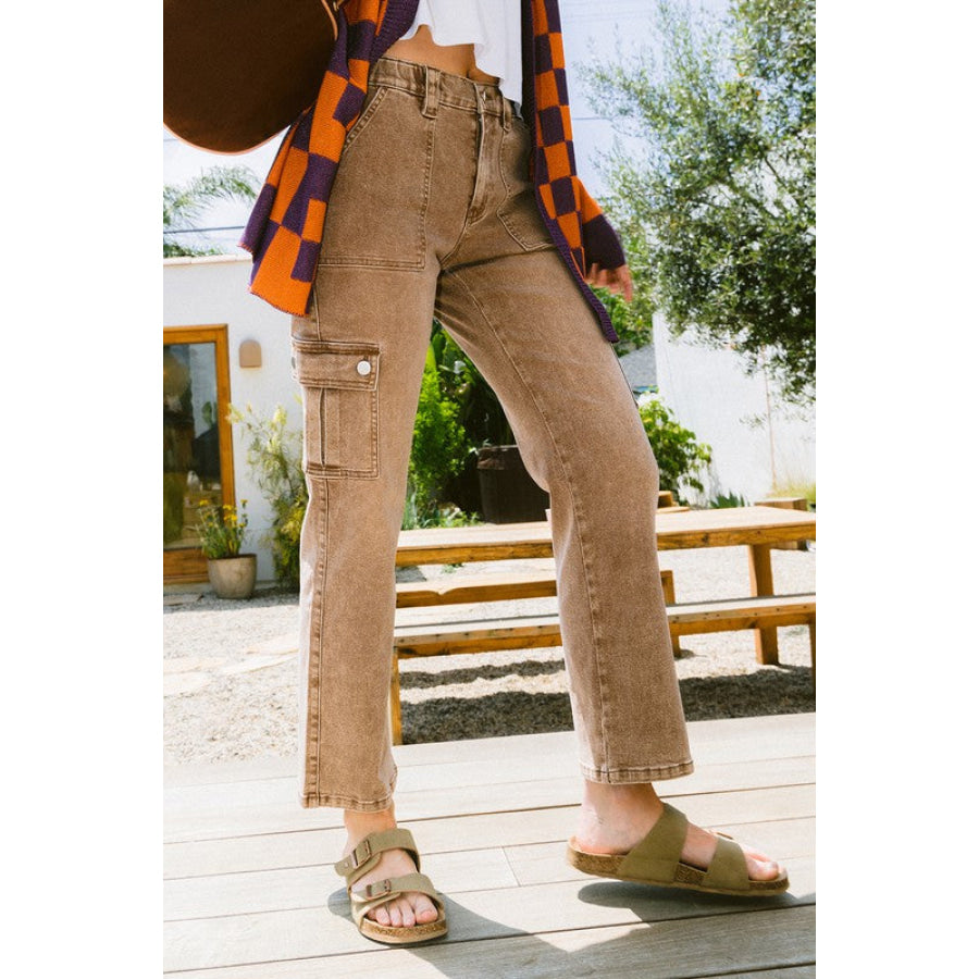 Annie Wear Straight Leg Jeans with Cargo Pockets Caramel / S Apparel and Accessories