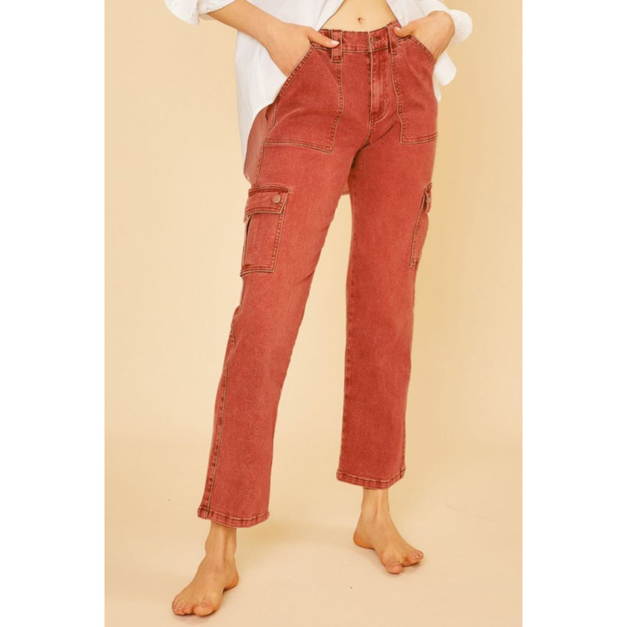 Annie Wear Straight Leg Jeans with Cargo Pockets Orange-Red / S Apparel and Accessories