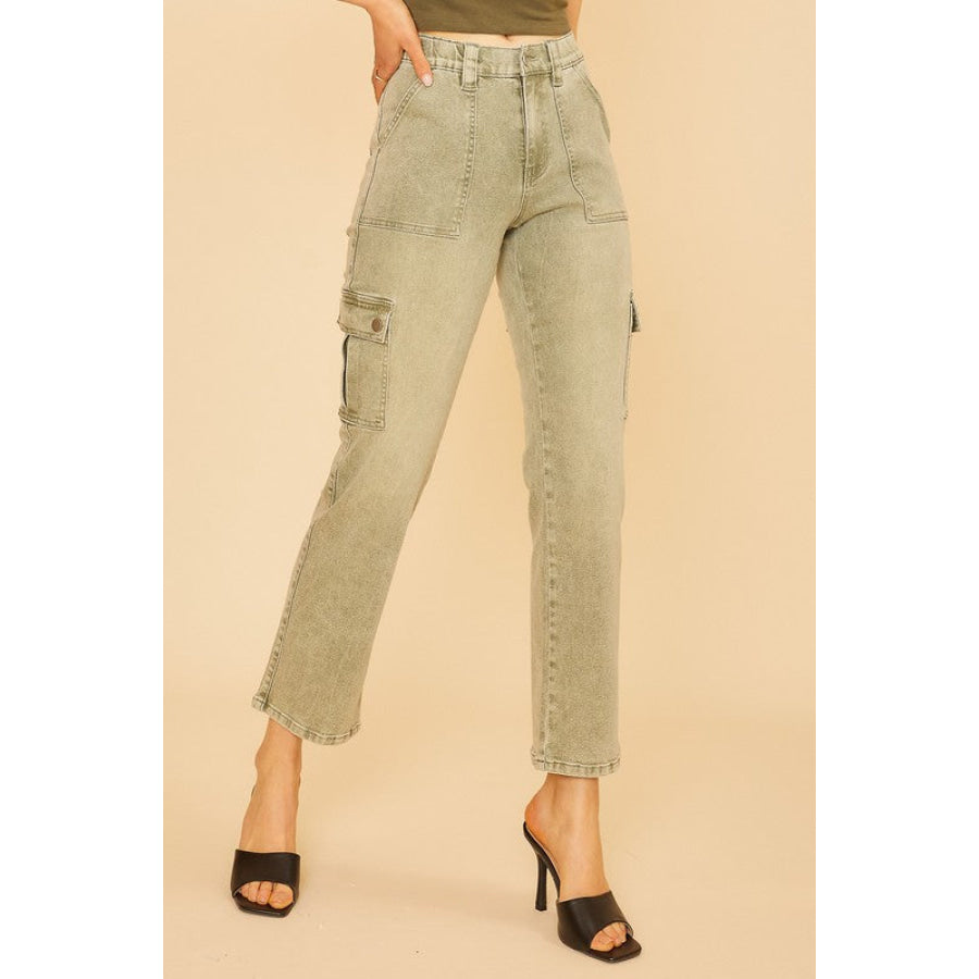 Annie Wear Straight Leg Jeans with Cargo Pockets Sage / S Apparel and Accessories