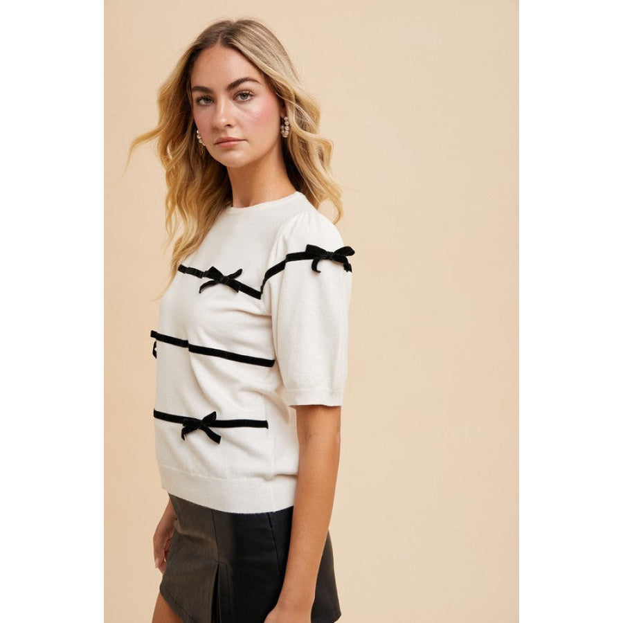 Annie Wear Striped Bow Round Neck Knit Top Apparel and Accessories