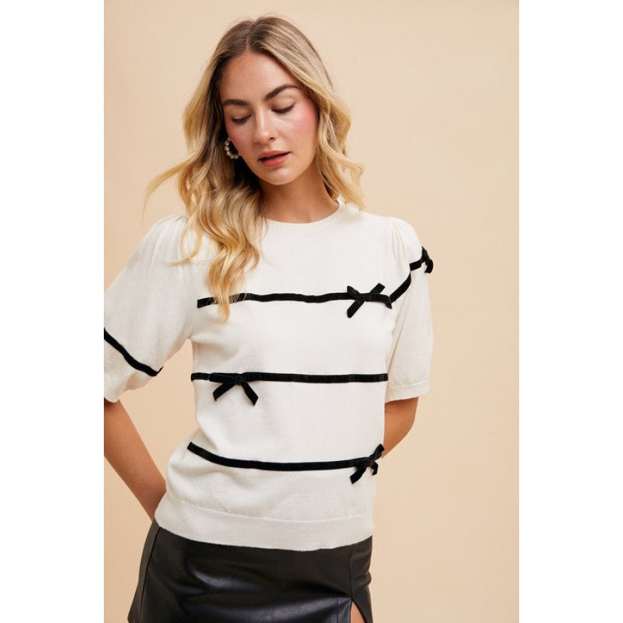 Annie Wear Striped Bow Round Neck Knit Top White / S Apparel and Accessories