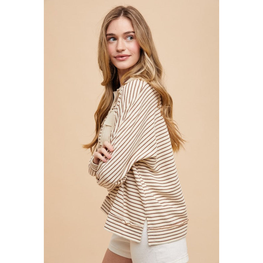 Annie Wear Striped Button Detail Long Sleeve Polo Top Apparel and Accessories