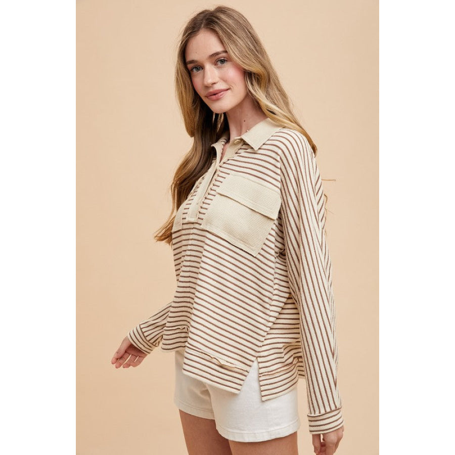 Annie Wear Striped Button Detail Long Sleeve Polo Top Taupe combo / S Apparel and Accessories