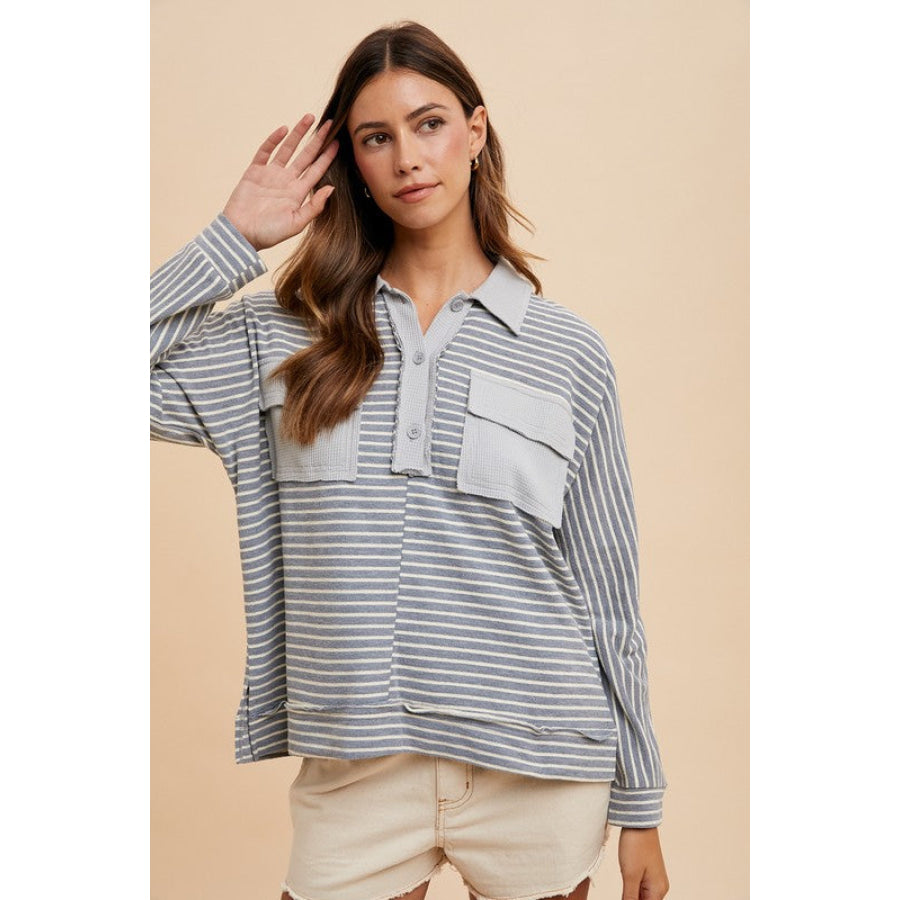 Annie Wear Striped Button Detail Long Sleeve Polo Top Apparel and Accessories