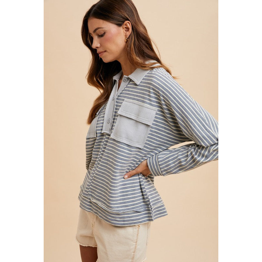 Annie Wear Striped Button Detail Long Sleeve Polo Top Apparel and Accessories