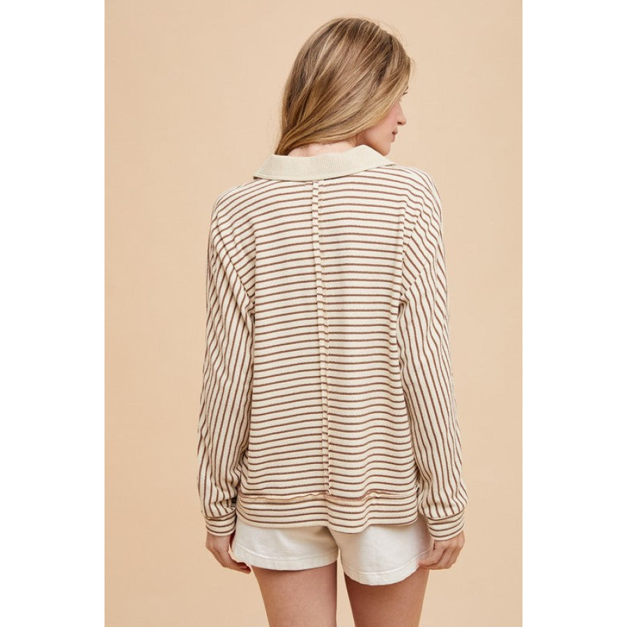 Annie Wear Striped Button Detail Long Sleeve Polo Top Apparel and Accessories