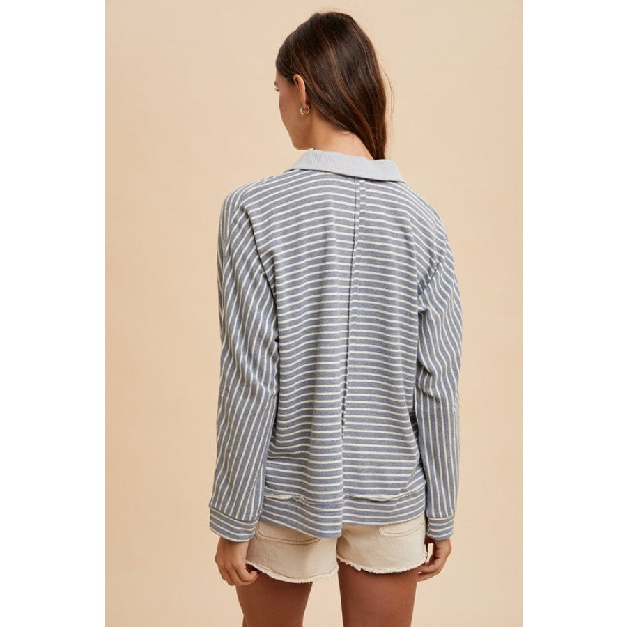 Annie Wear Striped Button Detail Long Sleeve Polo Top Apparel and Accessories