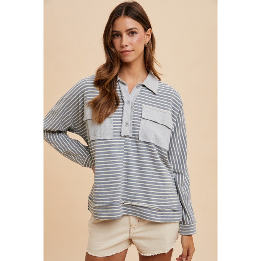 Annie Wear Striped Button Detail Long Sleeve Polo Top Grey Combo / S Apparel and Accessories