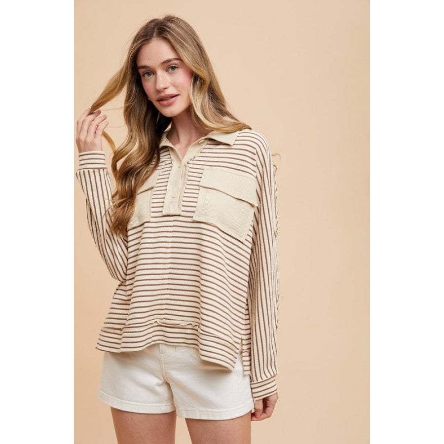 Annie Wear Striped Button Detail Long Sleeve Polo Top Taupe combo / S Apparel and Accessories