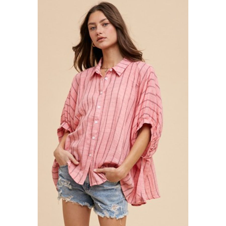 Annie Wear Striped Button Up Half Sleeve Shirt Apparel and Accessories