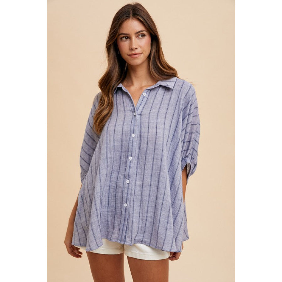 Annie Wear Striped Button Up Half Sleeve Shirt Apparel and Accessories