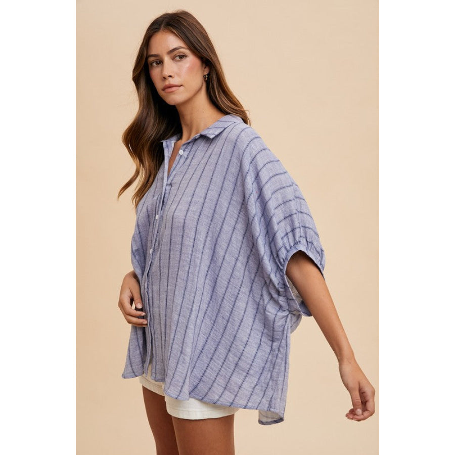 Annie Wear Striped Button Up Half Sleeve Shirt Apparel and Accessories