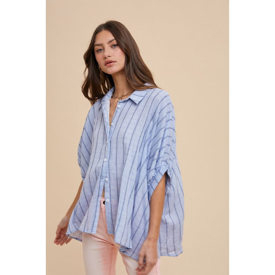 Annie Wear Striped Button Up Half Sleeve Shirt Apparel and Accessories