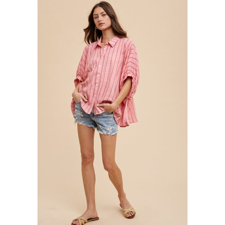 Annie Wear Striped Button Up Half Sleeve Shirt Apparel and Accessories