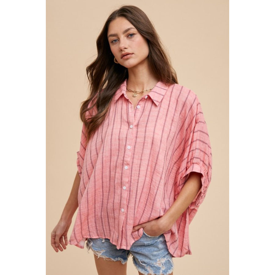 Annie Wear Striped Button Up Half Sleeve Shirt Coral Pink / S Apparel and Accessories