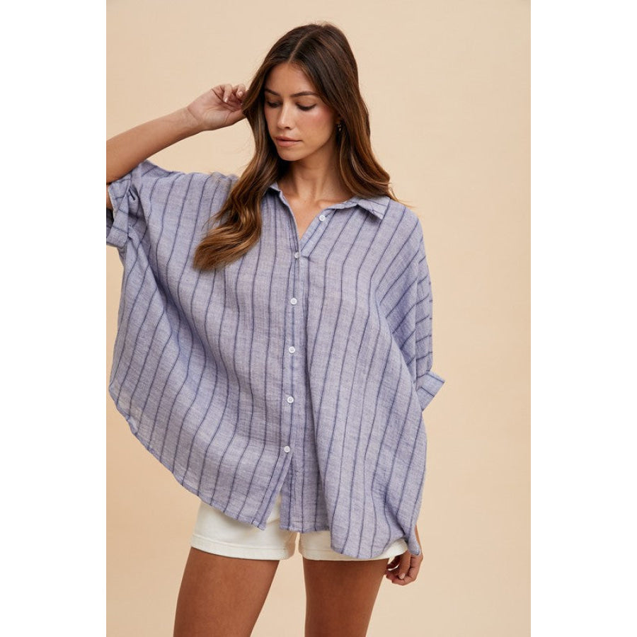 Annie Wear Striped Button Up Half Sleeve Shirt Dusty Blue / S Apparel and Accessories