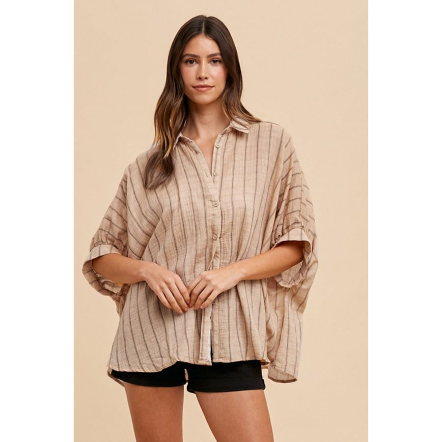 Annie Wear Striped Button Up Half Sleeve Shirt Latte / S Apparel and Accessories