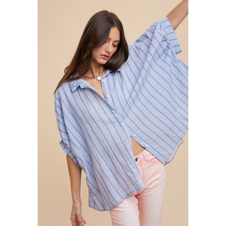 Annie Wear Striped Button Up Half Sleeve Shirt Lt Blue / S Apparel and Accessories