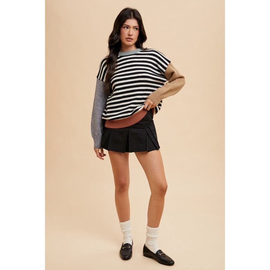 Annie Wear Striped Color Block Round Neck Sweater Apparel and Accessories