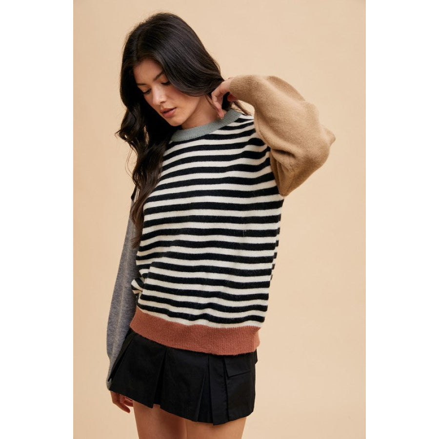 Annie Wear Striped Color Block Round Neck Sweater Apparel and Accessories