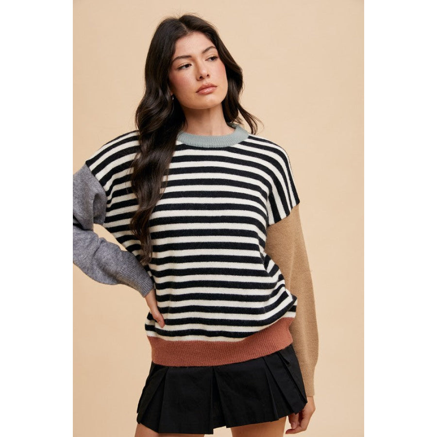 Annie Wear Striped Color Block Round Neck Sweater Apparel and Accessories