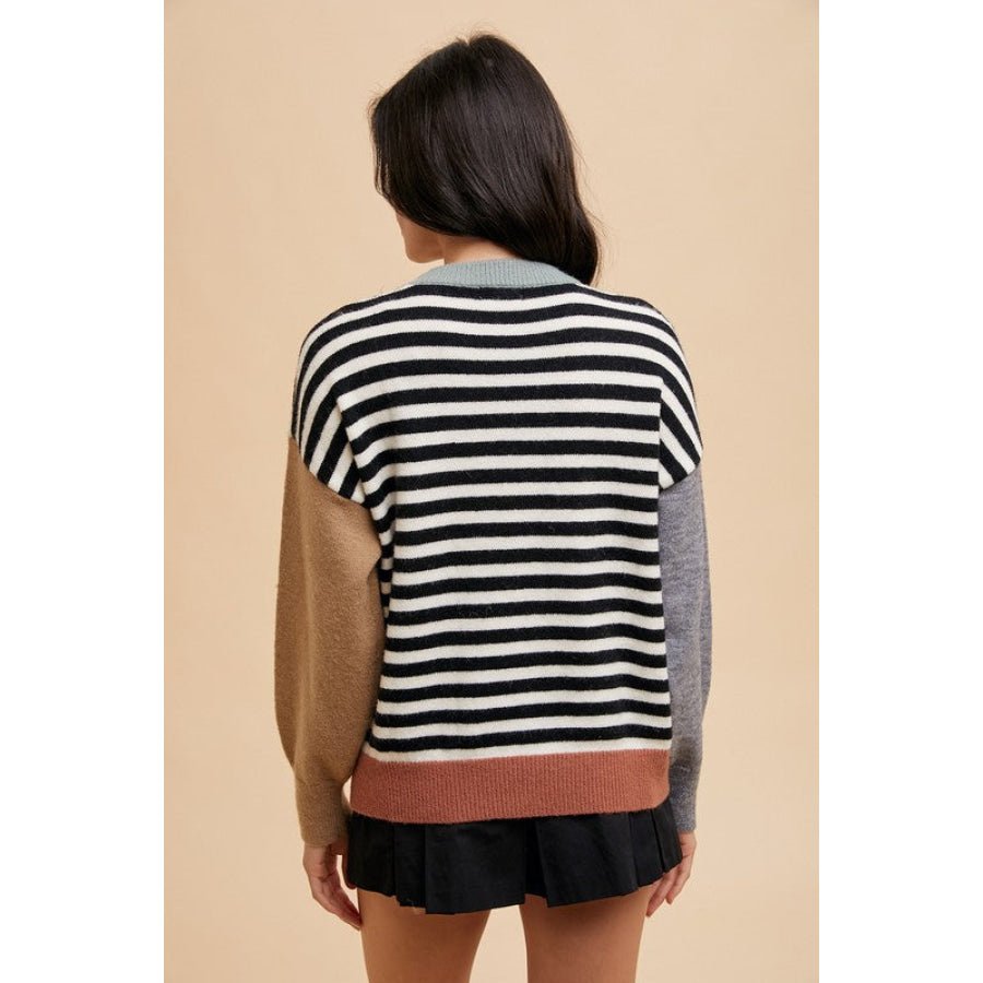 Annie Wear Striped Color Block Round Neck Sweater Ivory/Black / S Apparel and Accessories