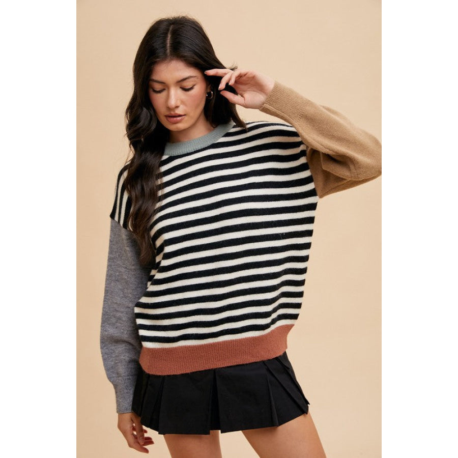 Annie Wear Striped Color Block Round Neck Sweater Ivory/Black / S Apparel and Accessories