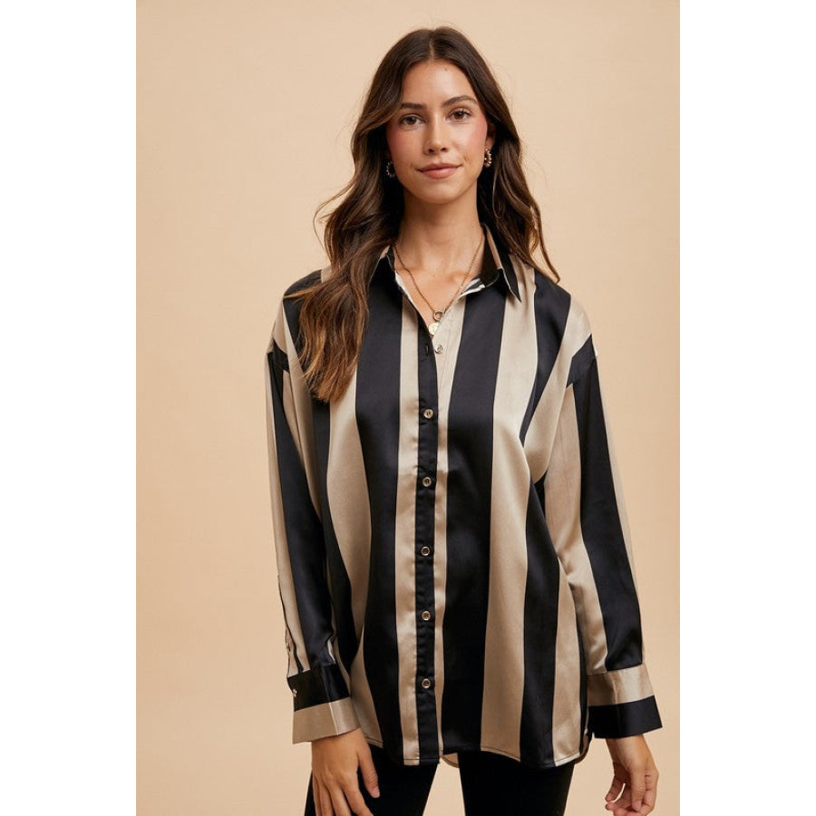 Annie Wear Striped Dropped Shoulder Button Up Shirt Apparel and Accessories