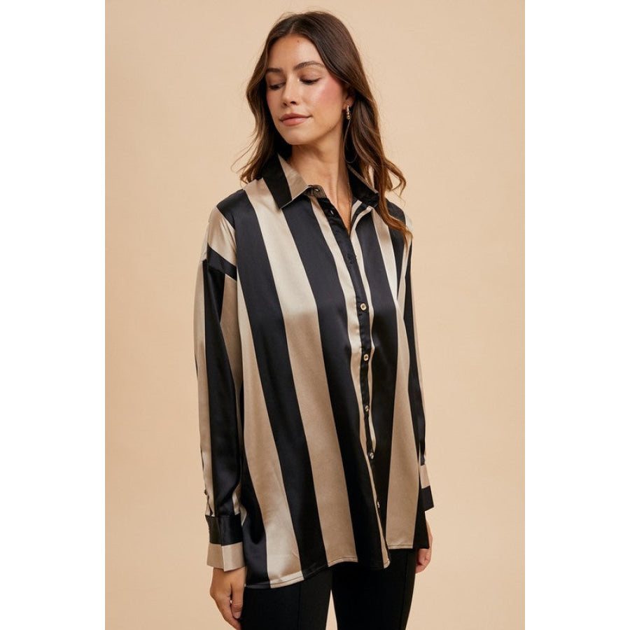 Annie Wear Striped Dropped Shoulder Button Up Shirt Apparel and Accessories