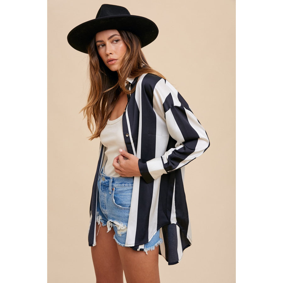 Annie Wear Striped Dropped Shoulder Button Up Shirt Apparel and Accessories