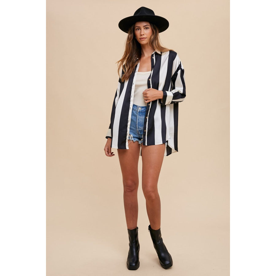 Annie Wear Striped Dropped Shoulder Button Up Shirt Apparel and Accessories