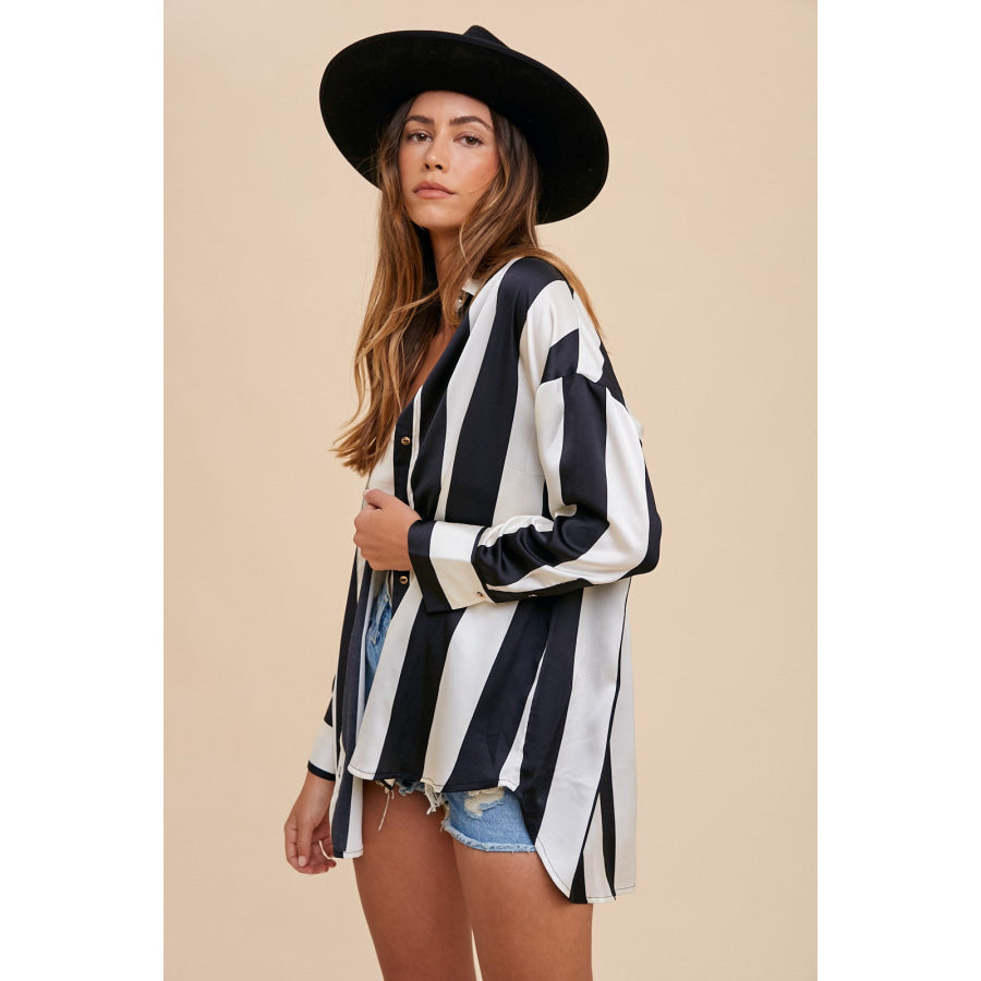 Annie Wear Striped Dropped Shoulder Button Up Shirt Apparel and Accessories