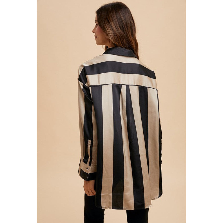 Annie Wear Striped Dropped Shoulder Button Up Shirt Apparel and Accessories